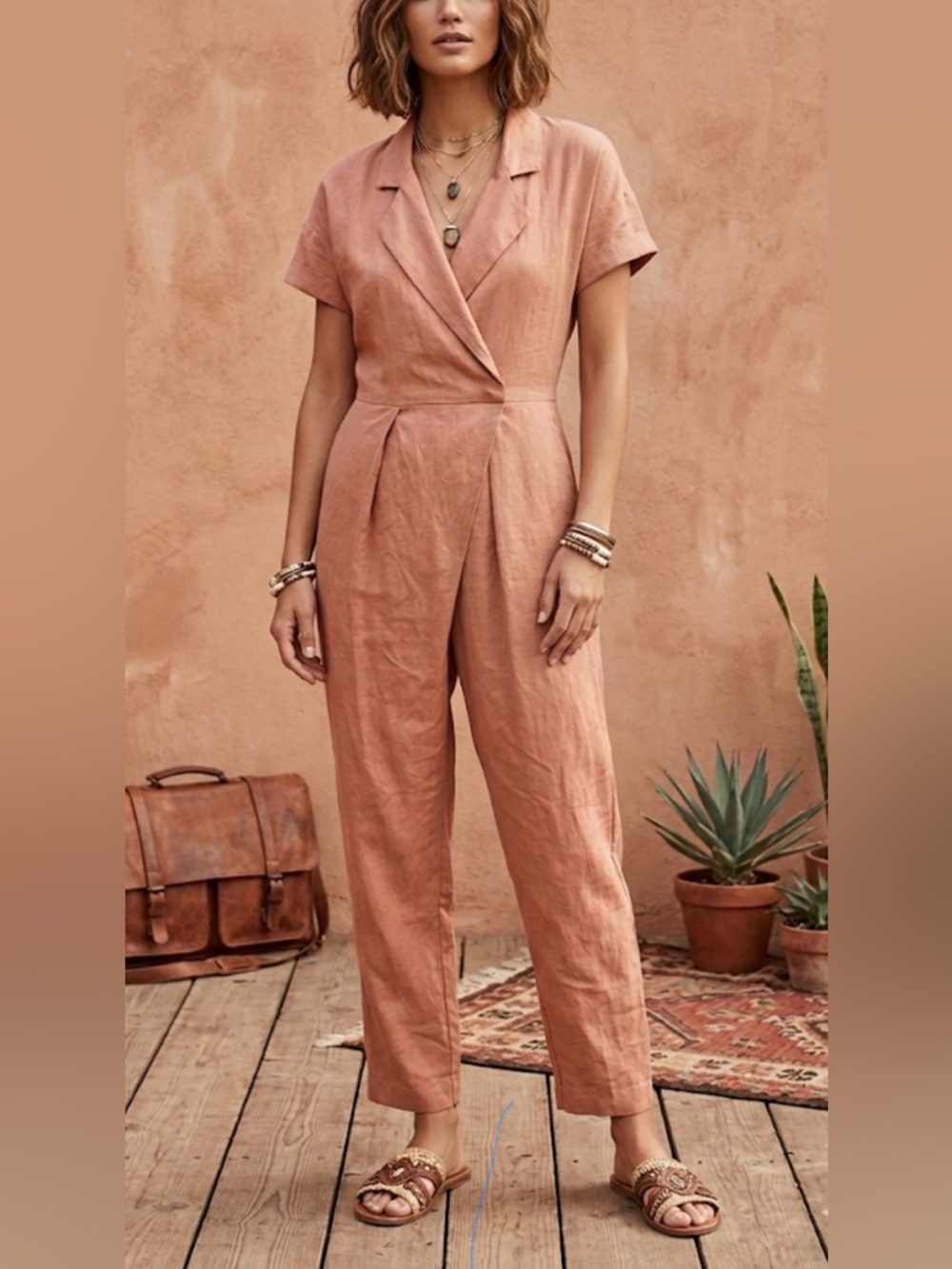 ZARA Jumpsuit XS Linen Blend Womens Peach Short Sleeve Tapered Boho